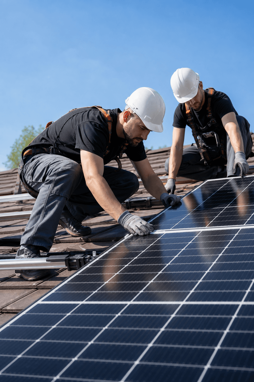 Handwerker bei der Montage von Solarmodulen auf einem Dach
