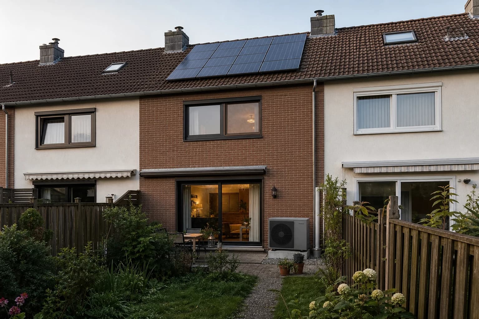 Reihenmittelhaus von 1974 mit Wärmepumpe im kleinen Garten und Photovoltaik
